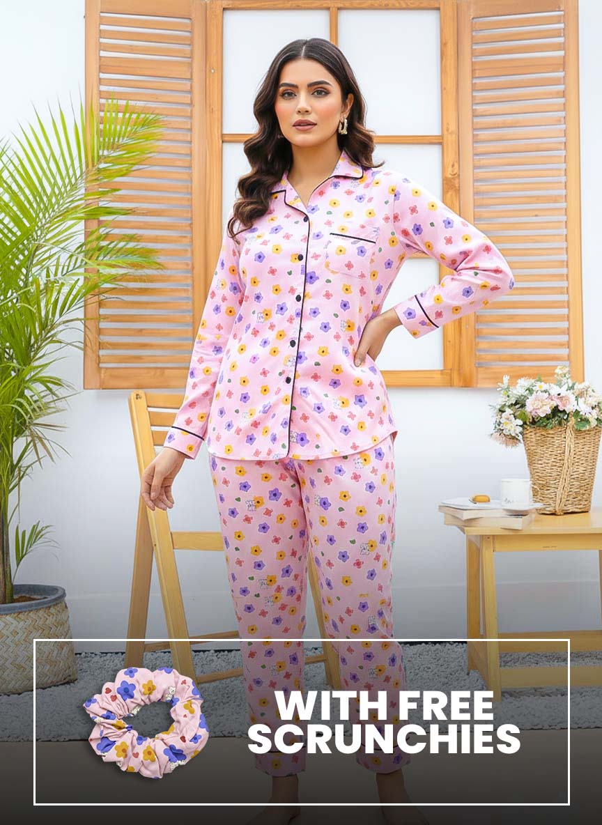 Imported Linen Printed Pink Multi Flower PJ Set-LP27