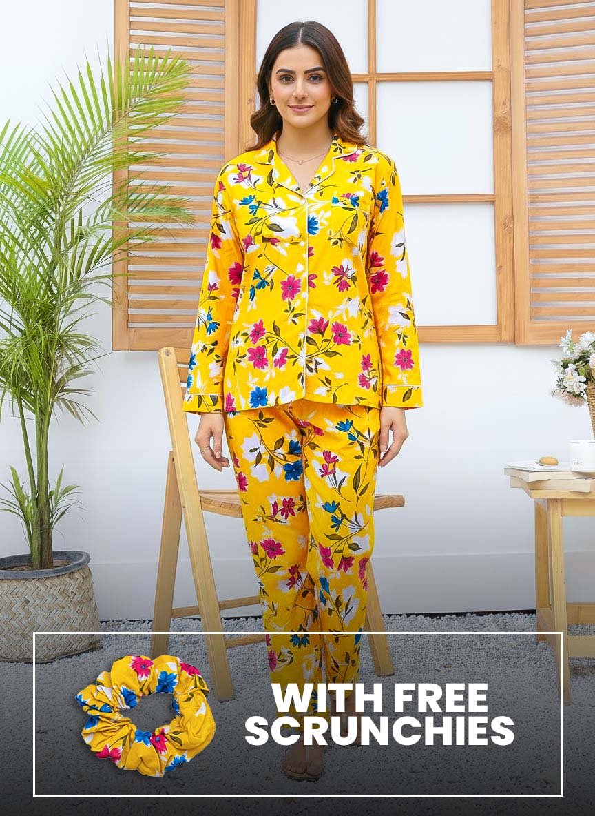 Imported Linen Printed Yellow Honey PJ Set-LP20